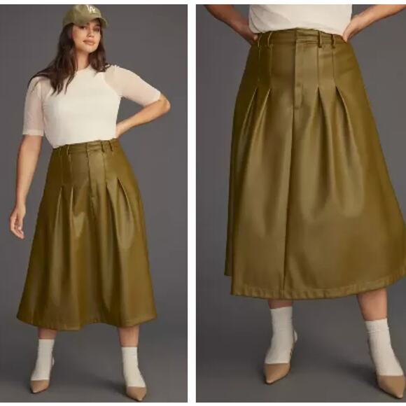 ANTHROPOLOGIE Faux Leather Trouser Pleated Midi Skirt Olive Green Sz 16 {2C40}